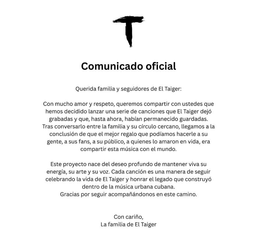 Comunicado publicado por el equipo de El Tiger en su cuenta de Instagram.