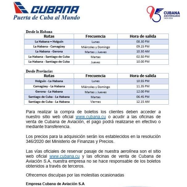 Nuevos horarios de los vuelos de Cubana de Aviación (Tomado de su cuenta en Facebook).