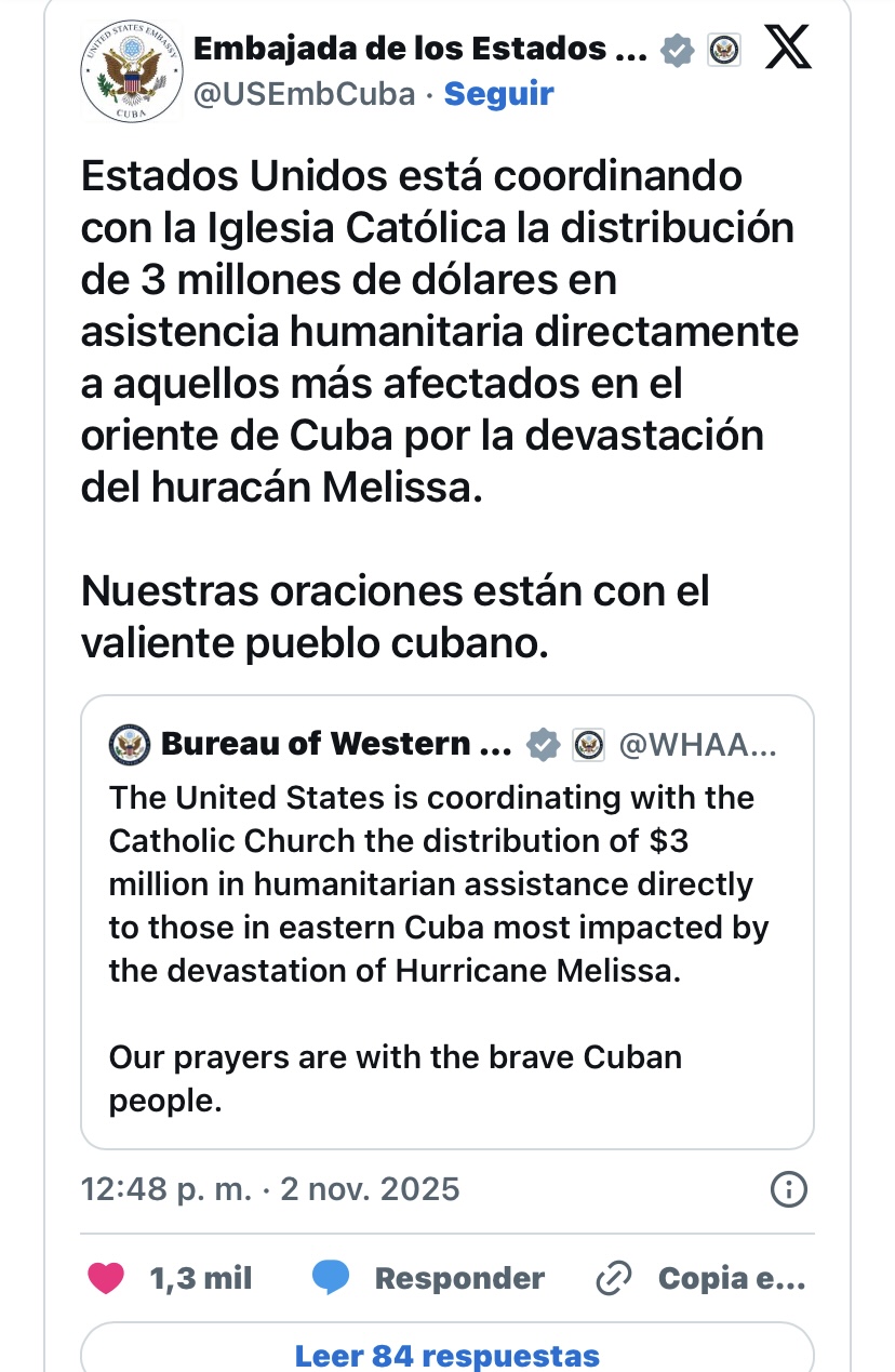 Anuncio de la Embajada de Estados Unidos el 2 de noviembre en su cuenta en X.