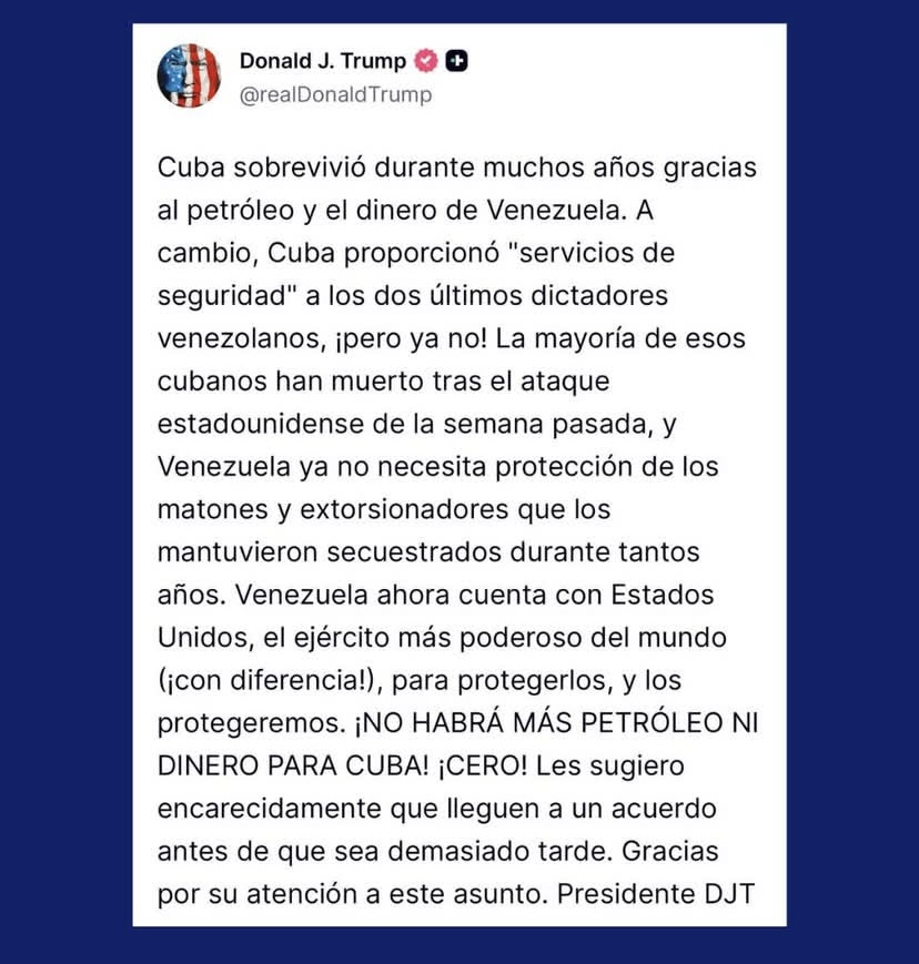 Mensaje del presidente, Donald Trump, sobre Cuba publicado el pasado fin de semana.