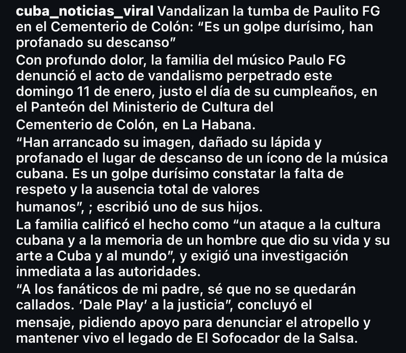 Palabras de uno de los hijos del fallecido cantante Paulito FG, replicadas por la cuenta de Instagram Cuba Noticias Viral.