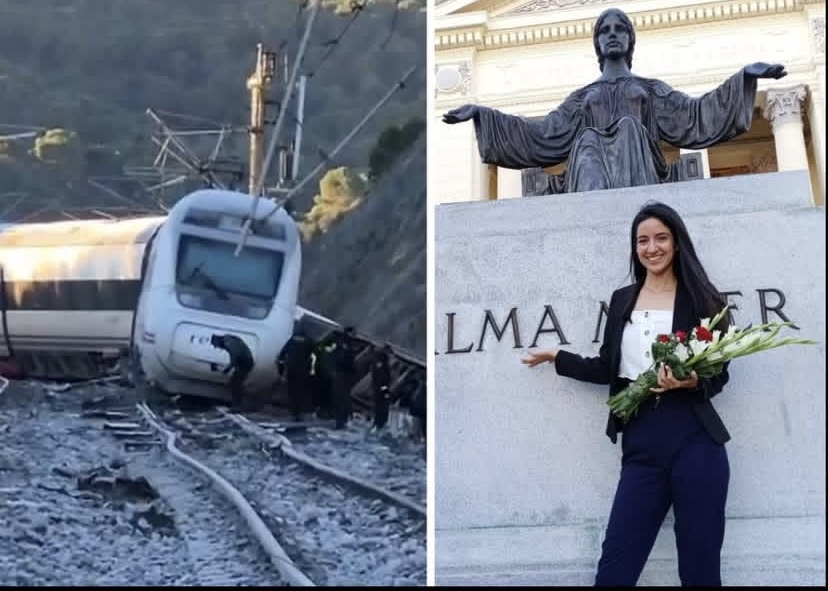 Collage tomado de OnCuba en Instagram donde se muestra la colisión de los trenes en Adamuz y la joven Daniela Arteaga Martínez.   