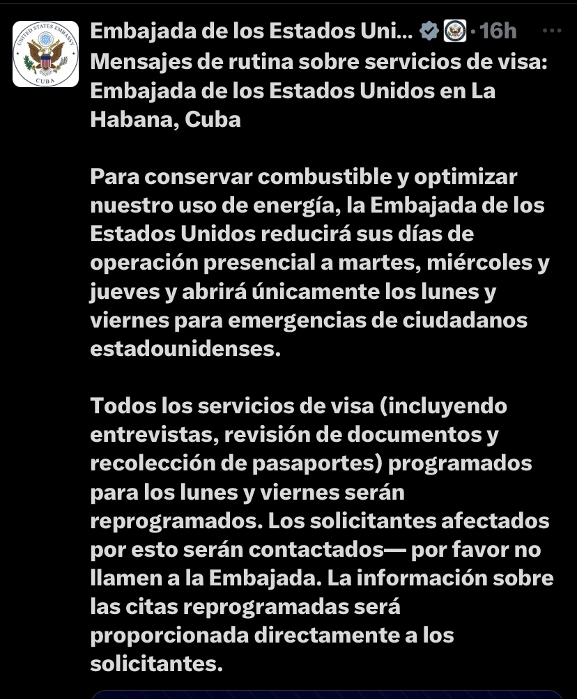 Mensaje de la Embajada de Estados Unidos en Cuba (Foto tomada de la cuenta en X de la Embajada de Estados Unidos en Cuba).