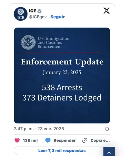 Mensaje en X de la agencia de Inmigración y Aduanas de Estados Unidos.