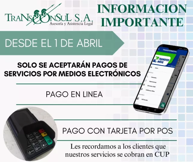 Transconsul solo aceptará pagos de sus servicios por vías electrónicas