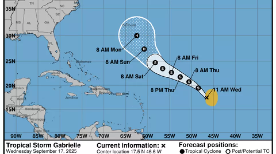 Trayectoria de Gabrielle, séptima tormenta tropical de la temporada en el Atlántico.