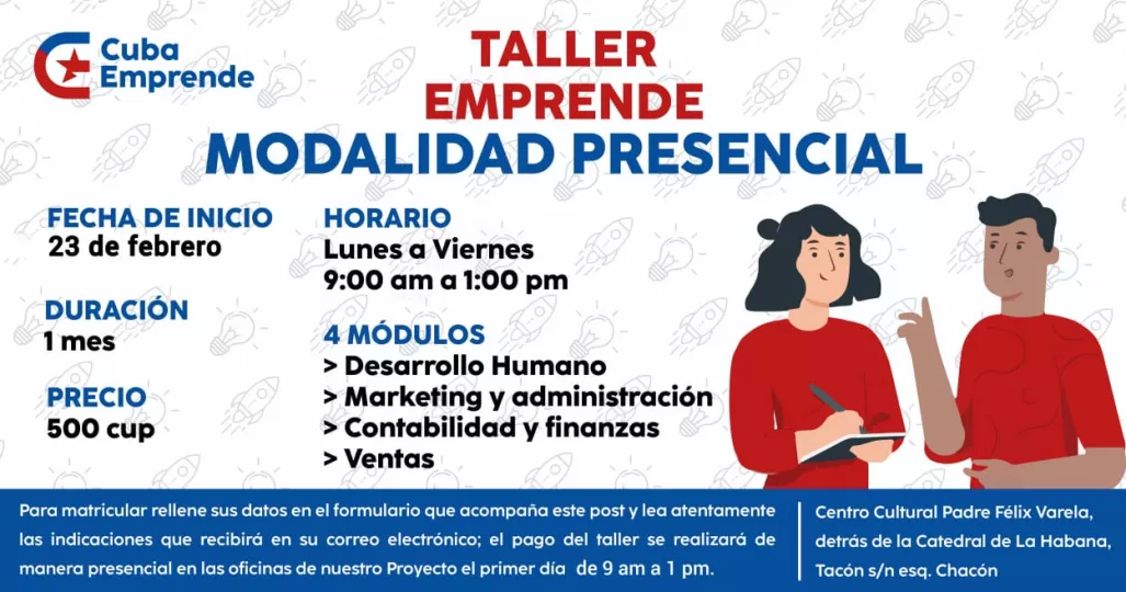 Anuncio oficial del Taller Emprende, del proyecto Cuba Emprende.