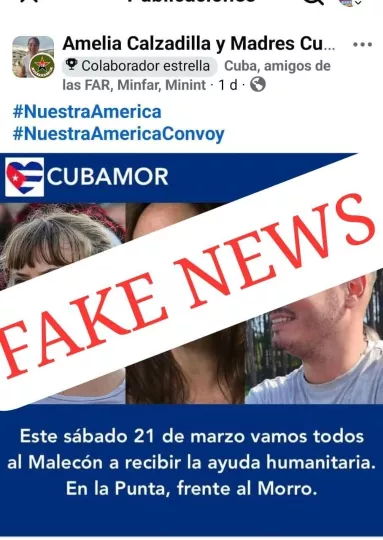 El texto, acompañado de etiquetas como #NuestraAmerica y #NuestraAmericaConvoy, atribuye la iniciativa a una usuaria identificada como Amelia Calzadilla y Madres Cu…, a quien se califica como “colaborador estrella Cuba, amigos de las FAR, Minfar, Minint”.