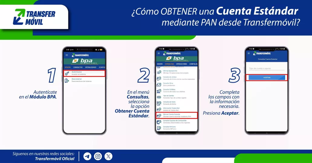 Captura de pantalla de la aplicación Transfermóvil mostrando una interfaz relacionada con servicios bancarios.