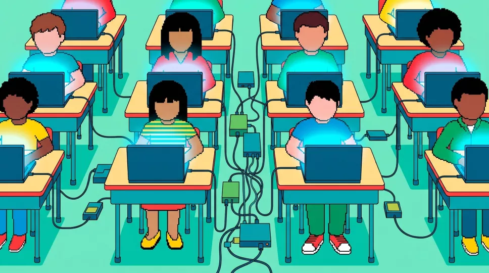 Niños utilizando dispositivos electrónicos en un aula.