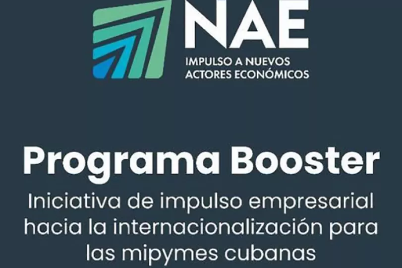 Logotipo y diseño promocional del Programa Booster de la Cámara de Comercio de Cuba para la internacionalización de mipymes.