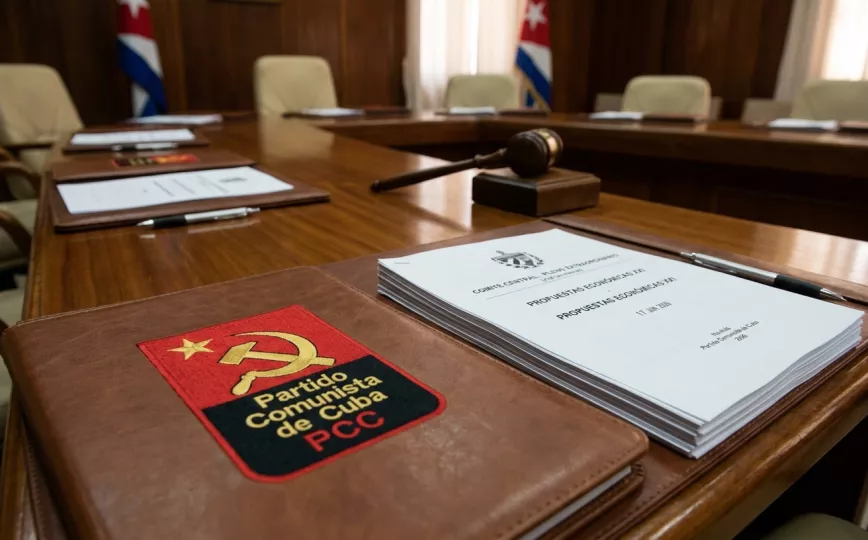 Logotipo oficial del Partido Comunista de Cuba acompañado de documentos oficiales de trabajo.