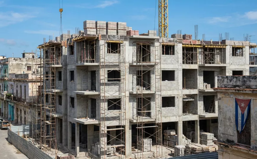 Representación simbólica de una nueva infraestructura habitacional en proceso de construcción en Cuba.