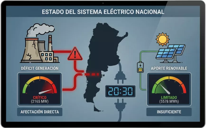 Infografía sobre el estado del Sistema Eléctrico Nacional y los niveles de afectación por déficit de generación.