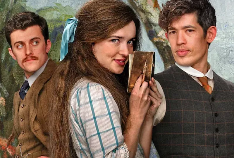 Jake Dunn como Frank Hawden, Philippa Northeast como Sybylla Melvyn y Christopher Chung como Harry Beecham en la miniserie australiana "Mi brillante carrera