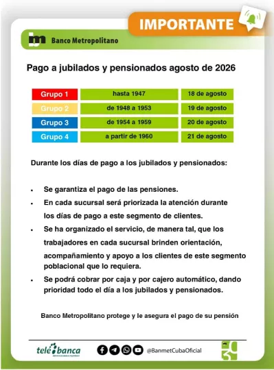 Imagen informativa del Banco Metropolitano sobre el pago a pensionados.