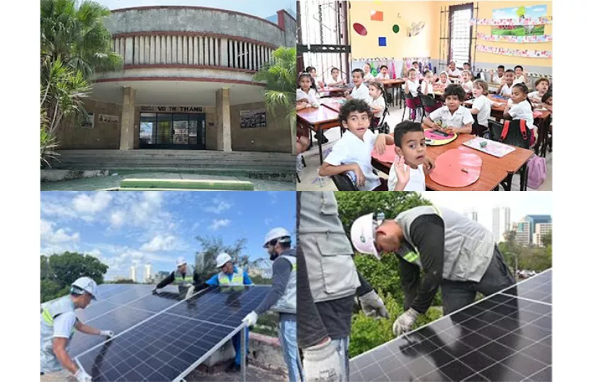 Instalación de paneles solares en el techo de la escuela primaria Vo Thi Thang en La Habana.