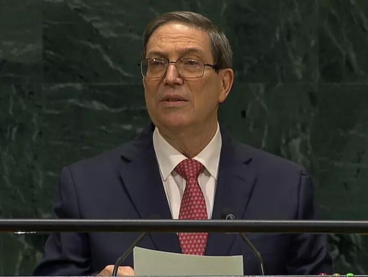 El canciller cubano Bruno Rodríguez durante su discurso en la Asamblea General de la ONU el 27 de septiembre de 2026.