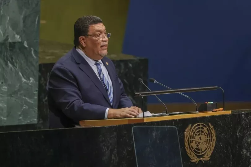 El cocanciller de Nicaragua, Valdrack Jaentschke, durante su intervención en la Asamblea General de la ONU.