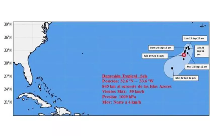 Mapa satelital que muestra la ubicación de la depresión tropical Seis en el océano Atlántico.