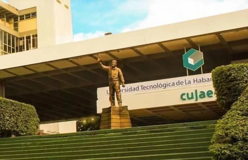 Logotipo y fachada de la Universidad Tecnológica de La Habana José Antonio Echeverría (Cujae).