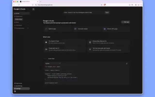 Interfaz principal de Google AI Studio, mostrando el panel para introducir prompts y personalizar modelos.