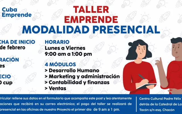 Anuncio oficial del Taller Emprende, del proyecto Cuba Emprende.