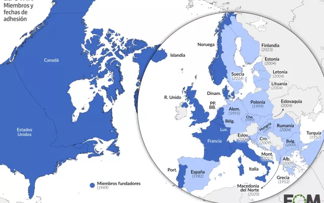 La OTAN se creó en el año 1949 por Bélgica, Canadá, Dinamarca, Francia, Islandia, Italia, Luxemburgo, Países Bajos, Noruega, Portugal, Reino Unido y Estados Unidos, y poco a poco ha ido sumando otras naciones.