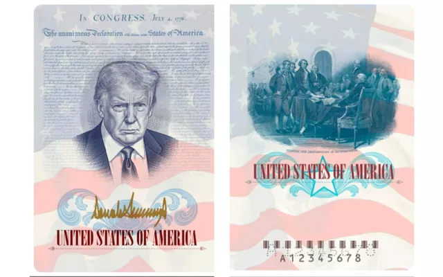 Pasaportes conmemorativos de edición limitada con la imagen del presidente Trump para celebrar el 250.º aniversario de los Estados Unidos.