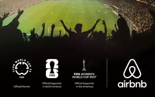 Logotipo de Airbnb junto a elementos gráficos alusivos a la Copa Mundial de la FIFA 2026.