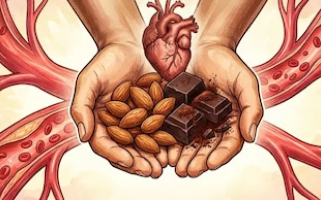 Imagen de almendras y chocolate negro, representando una opción saludable para el corazón.