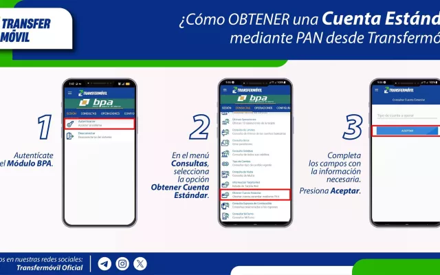 Captura de pantalla de la aplicación Transfermóvil mostrando una interfaz relacionada con servicios bancarios.