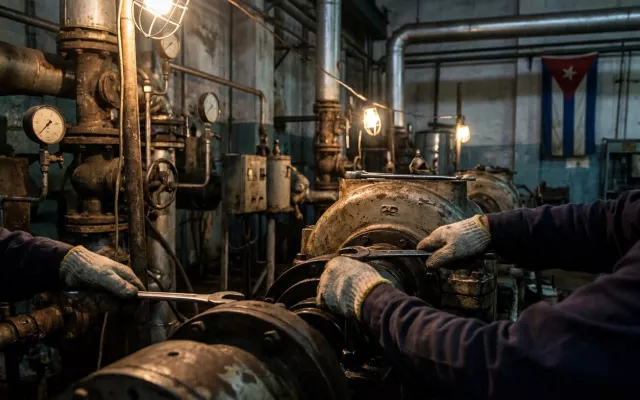 Personal técnico trabajando en labores de mantenimiento de una termoeléctrica cubana bajo condiciones de crisis energética.
