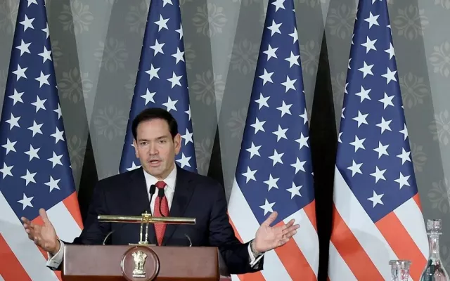 El secretario de Estado de EE.UU., Marco Rubio, durante sus declaraciones en una visita oficial a la India.