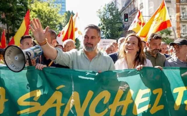 Multitud de manifestantes con banderas de España marchando por las calles de Madrid.