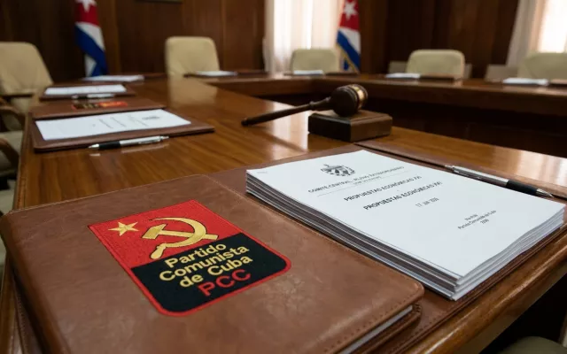 Logotipo oficial del Partido Comunista de Cuba acompañado de documentos oficiales de trabajo.