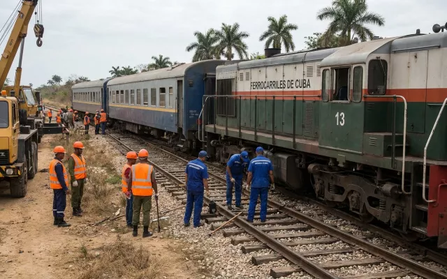 Vista de los equipos de rescate y especialistas trabajando en la evaluación del terreno y el estado del tren accidentado.
