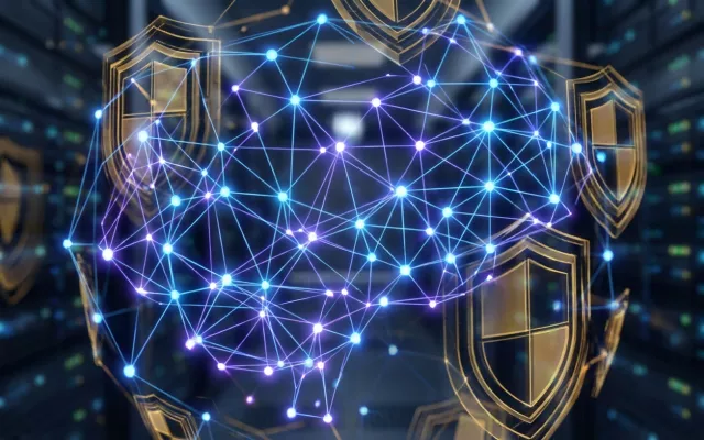 Representación abstracta de protocolos de seguridad digital sobre una red neuronal de inteligencia artificial.