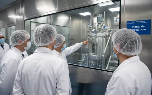 Autoridades cubanas durante una visita a la planta de citostáticos de Laboratorios AICA tras su reinicio de operaciones.