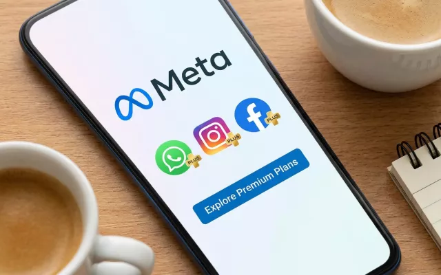 Logotipos de Meta, WhatsApp, Instagram y Facebook con el símbolo de suscripción Plus.
