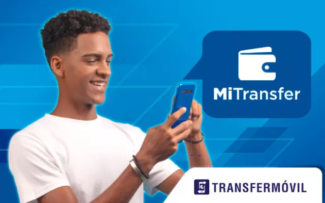 Logotipos de MiTransfer, ETECSA y Transfermóvil sobre fondo azul.