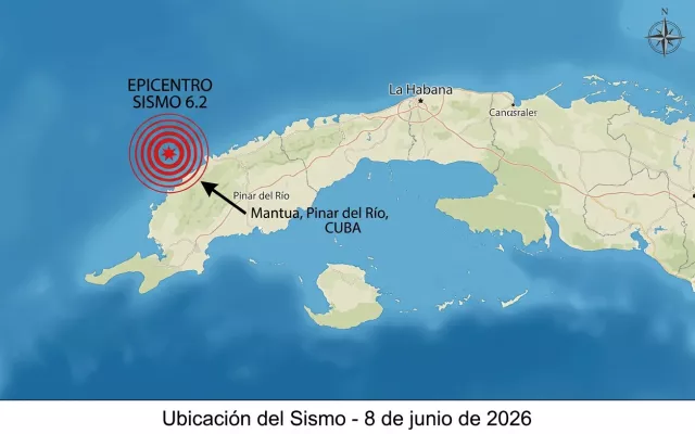 Mapa que ilustra la ubicación del epicentro del sismo ocurrido al noroeste de Mantua, Pinar del Río, el 8 de junio de 2026.