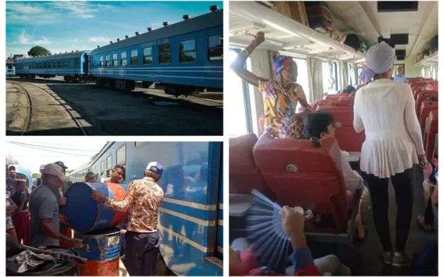 Vista del tren detenido en la localidad de Guamo con pasajeros a bordo mientras se investiga el robo de combustible.