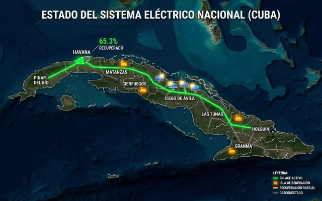 Infografía o mapa que representa el estado de interconexión del sistema eléctrico nacional en las distintas provincias de Cuba.