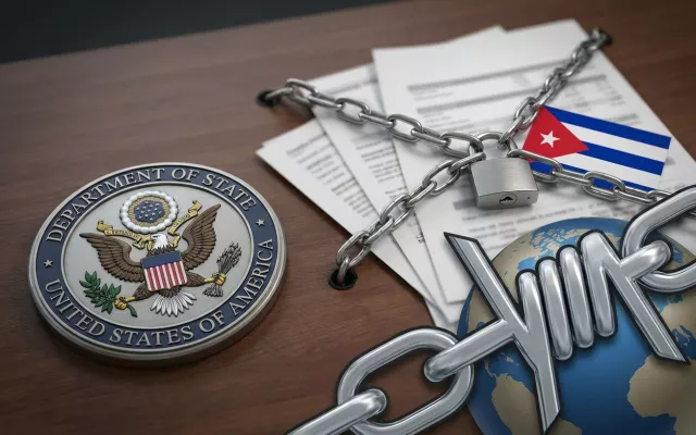Sello del Departamento de Estado de Estados Unidos junto a una representación simbólica de las sanciones económicas.