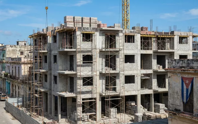 Representación simbólica de una nueva infraestructura habitacional en proceso de construcción en Cuba.