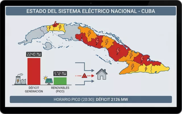 Infografía o gráfico informativo sobre el estado del sistema eléctrico en Cuba.