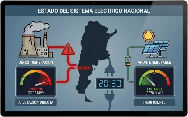 Infografía sobre el estado del Sistema Eléctrico Nacional y los niveles de afectación por déficit de generación.