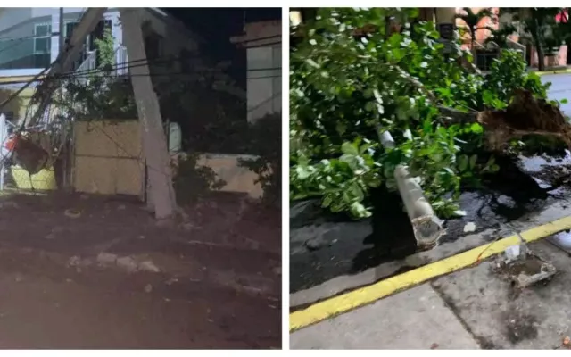 Escenas de destrucción en las calles de Varadero tras el paso de un tornado con escombros y árboles caídos.
