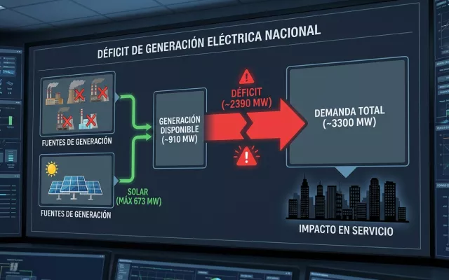 Infografía técnica sobre el déficit de generación del sistema eléctrico nacional.